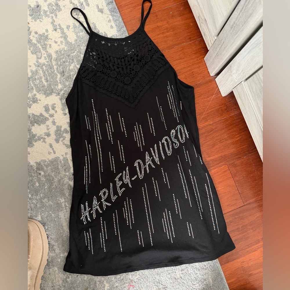 Harley Davidson tunic micro mini dress crochet tank top rhinestone black medium
